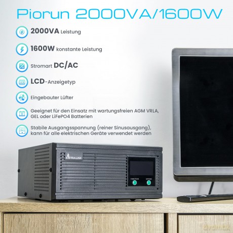 Inwerter Piorun 2000VA 1500W 12 VDC czysta sinusoida
