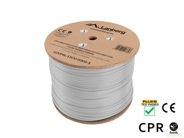 Kabel LAN UFTP Kat-6A 305M drut CU LSZH CPR+ fluke passed, szary