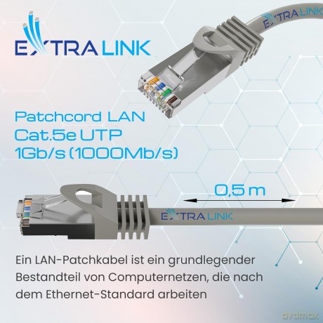 Kabel sieciowy LAN Patchcord CAT.5E UTP 0,5m skręcana para, miedziany