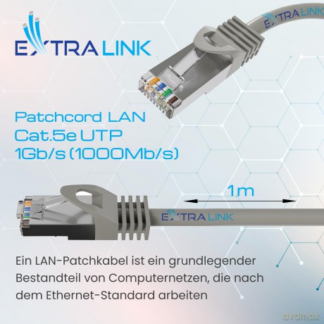Kabel sieciowy LAN Patchcord CAT.5E UTP 1m, skręcana para, miedziany