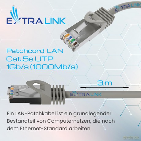 Kabel sieciowy LAN Patchcord CAT.5E UTP 3m, skręcona para, miedziany