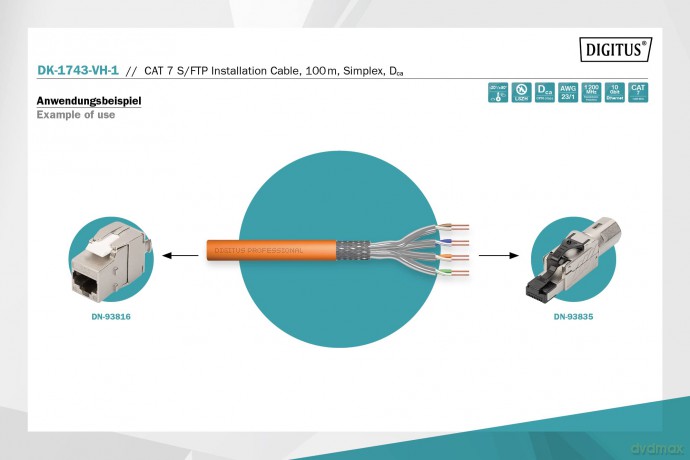 Kabel teleinformatyczny instalacyjny DIGITUS kat.7, S/FTP, Dca, drut, AWG 23/1, LSOH, 100m, pomarańczowy