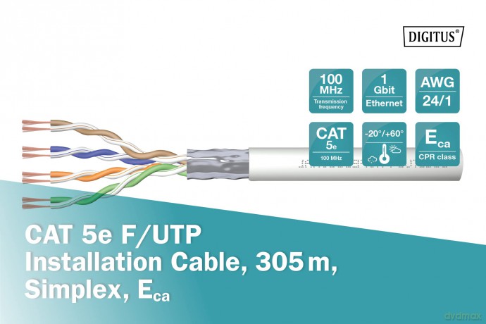 Kabel teleinformatyczny instalacyjny kat.5e, F/UTP, Eca, drut, AWG 24/1, PVC, 305m, szary, karton
