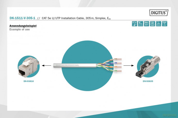 Kabel teleinformatyczny instalacyjny kat.5e, U/UTP, Eca, drut, AWG 24/1, PVC, 305m, szary, karton