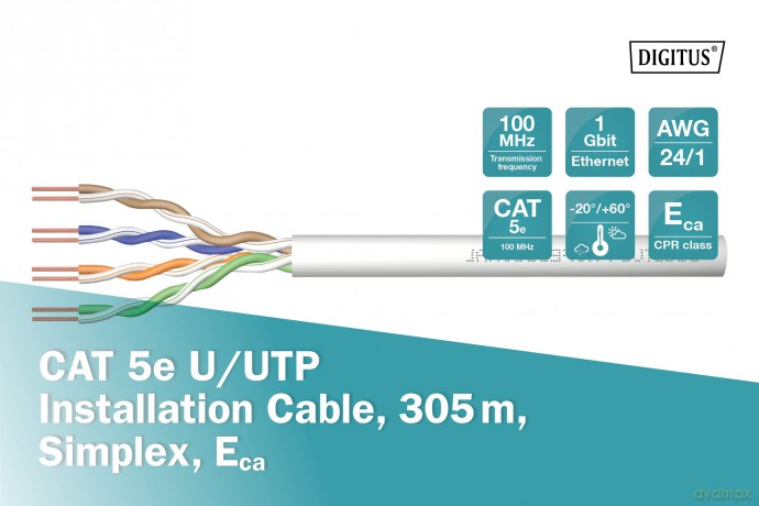Kabel teleinformatyczny instalacyjny kat.5e, U/UTP, Eca, drut, AWG 24/1, PVC, 305m, szary, karton