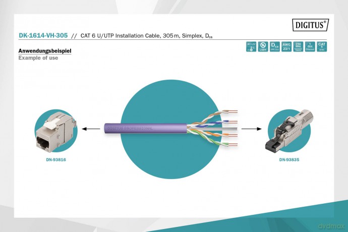 Kabel teleinformatyczny instalacyjny kat.6, U/UTP, Dca, drut, AWG 23/1, LSOH, 305m, fioletowy, karton
