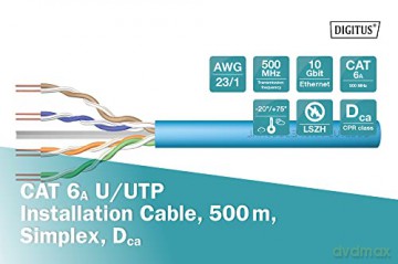 Kabel teleinformatyczny instalacyjny kat.6A, U/UTP, Dca, AWG 23/1, LSOH, 500m niebieski, szpula