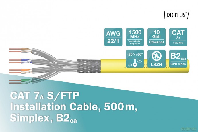 Kabel teleinformatyczny instalacyjny kat.7, S/FTP, B2ca, drut, AWG 23/1, LSOH, 500m, pomarańczowy, szpula Pomarańczowy