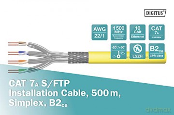 Kabel teleinformatyczny instalacyjny kat.7A, S/FTP, B2ca, drut, AWG 22/1, LSOH, 500m, szpula Żółty
