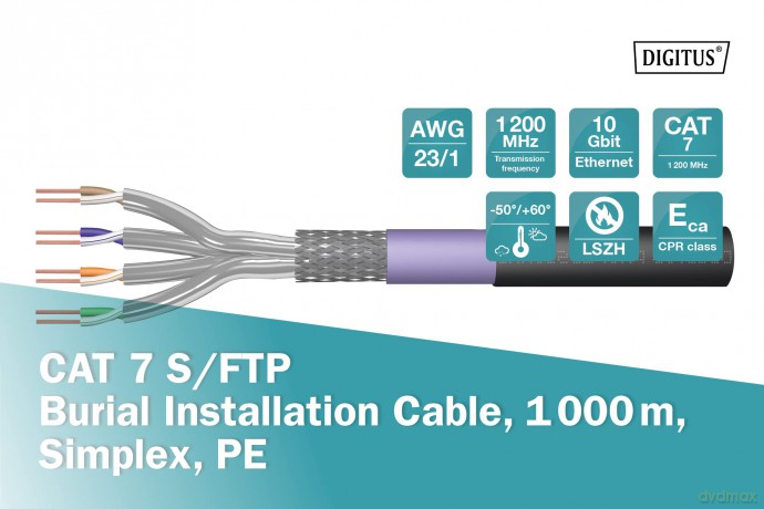 Kabel teleinformatyczny instalacyjny zewnętrzny kat.7, S/FTP, Eca, drut, AWG 23/1, PE, 1000m, czarny, szpula