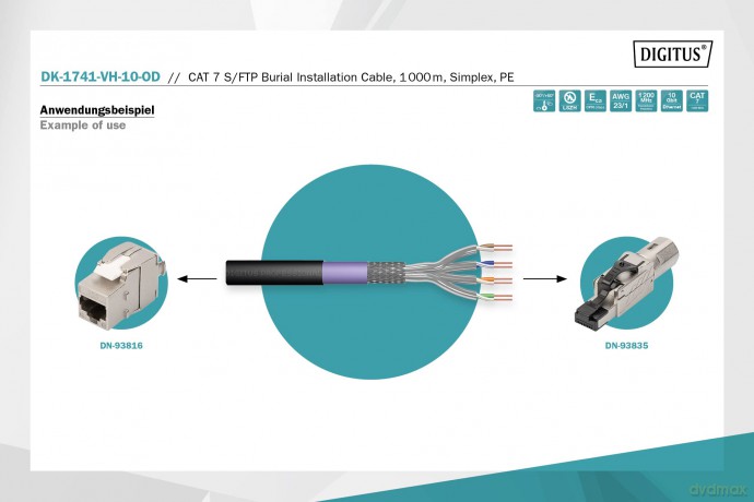 Kabel teleinformatyczny instalacyjny zewnętrzny kat.7, S/FTP, Eca, drut, AWG 23/1, PE, 1000m, czarny, szpula