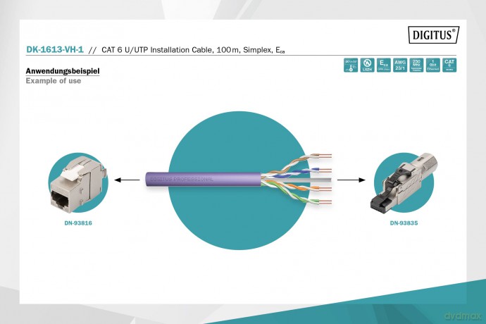 Kabel teleinformatyczny, instalacyjny, U/UTP kat.6 4x2xAWG23/1, drut, miedziany, LSZH, 100m, fioletowy