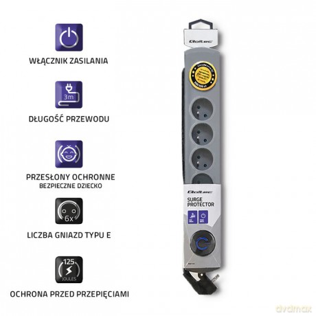 Listwa antyprzepięciowa Quick Switch, 6 gniazd, 3m, szara