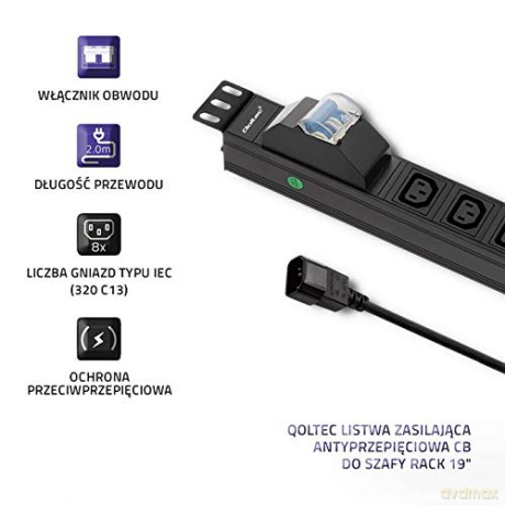 Listwa zasilająca do Rack 19cali | circuit breaker | 1U | 10A | PDU | 8xIEC C13 | 2m