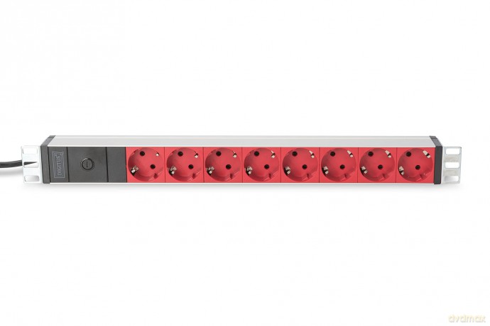 Listwa zasilająca PDU 19 cali Rack, 8x czerwone gniazdo schuko, 2.0m, 1x wtyk C14, 10A Aluminiowa