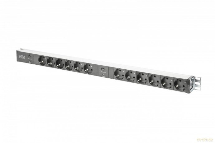 Listwa zasilająca PDU 19" RACK, 12x gniazdo Schuko, 2x 2m wtyk Unischuko, 16A, zabezpieczenie przeciążeniowe, profil aluminiowy
