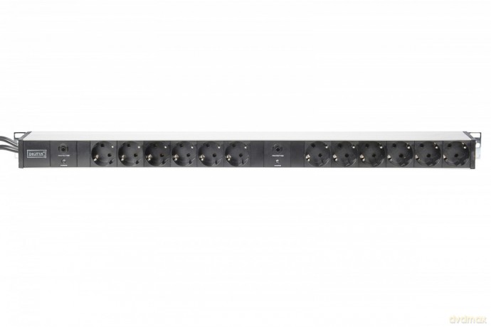 Listwa zasilająca PDU 19" RACK, 12x gniazdo Schuko, 2x 2m wtyk Unischuko, 16A, zabezpieczenie przeciążeniowe, profil aluminiowy