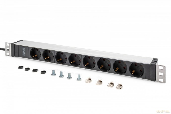 Listwa zasilająca PDU 19" Rack, 8x gniazdo ze stykami ochronnymi unischuko 16A/230V, 1x wtyczka IEC C20, 16A, przewód zasilający 2 m, Aluminiowa