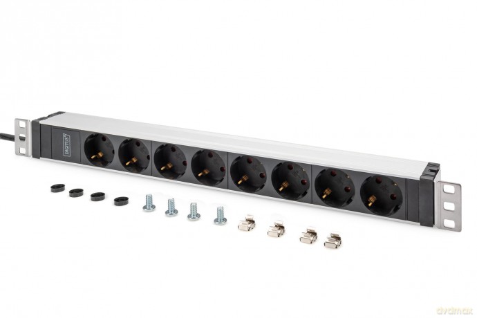 Listwa zasilająca PDU 19" Rack, 8x gniazdo ze stykami ochronnymi unischuko 16A/230V, 1x wtyczka IEC C20, 16A, przewód zasilający 2 m, Aluminiowa