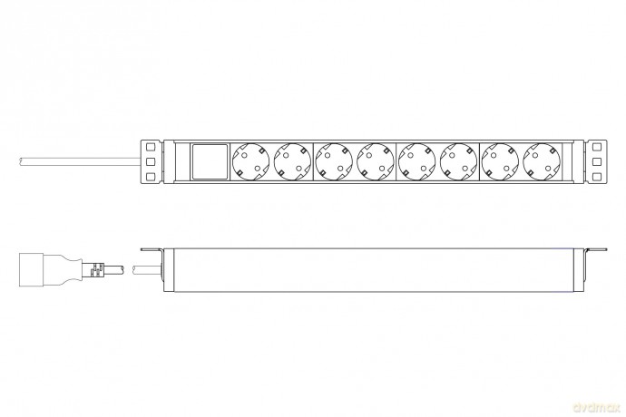 Listwa zasilająca PDU 19" Rack, 8x gniazdo ze stykami ochronnymi unischuko 16A/230V, 1x wtyczka IEC C20, 16A, przewód zasilający 2 m, Aluminiowa