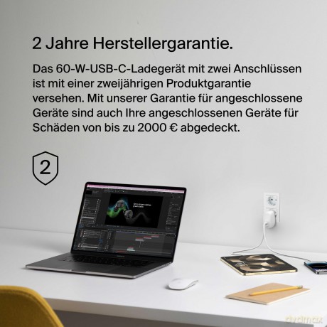 Ładowarka podwójna 30W USB-C, Power Delivery 60W biała