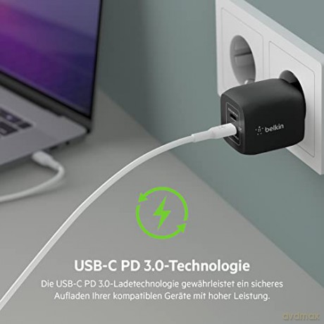 Ładowarka podwójna ścienna 45W USB-C GAN z PPS czarna