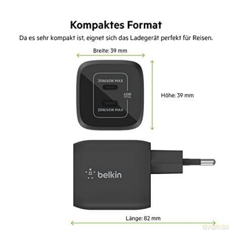 Ładowarka podwójna ścienna 45W USB-C GAN z PPS czarna