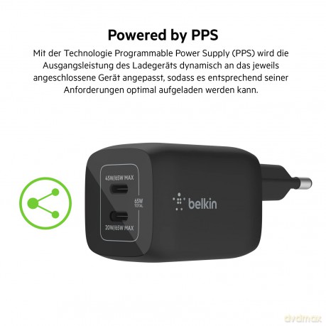 Ładowarka podwójna ścienna 65W USB-C GAN z PPS czarna