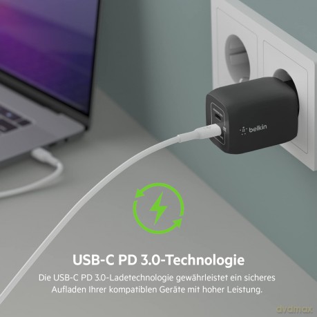Ładowarka podwójna ścienna 65W USB-C GAN z PPS czarna