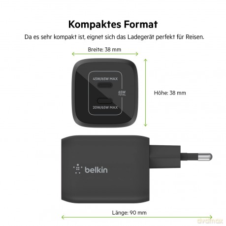 Ładowarka podwójna ścienna 65W USB-C GAN z PPS czarna