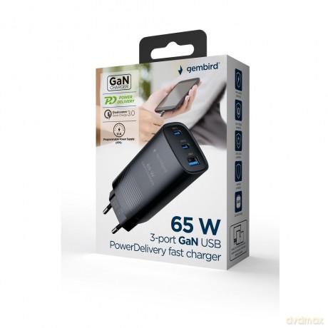 Ładowarka PowerDelivery 1xA 2xC GaN 65W Czarna