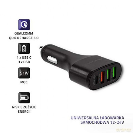 Ładowarka samochodowa 12-24V | 51W | 3A | 1xUSB-C+USB QC 3.0 | 2xUSB Smart