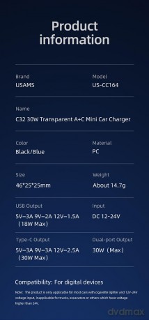 Ładowarka samochodowa 30W 1xUSB + 1xUSB-C Fast Charge