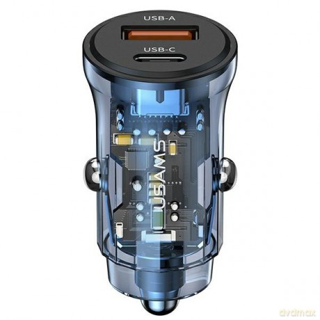 Ładowarka samochodowa 30W 1xUSB+1xUSB-C fast charge Niebieska