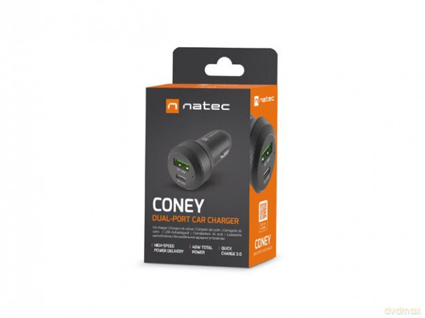 Ładowarka samochodowa Coney 1x USB 1x USB-C QC 3.0 48W Czarna