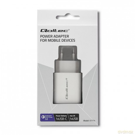 Ładowarka sieciowa | 18W | 5-12V | 1.5-3A | USB typ C PD | USB QC 3.0 | Biała
