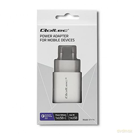 Ładowarka sieciowa | 18W | 5-12V | 1.5-3A | USB typ C PD | USB QC 3.0 | Biała
