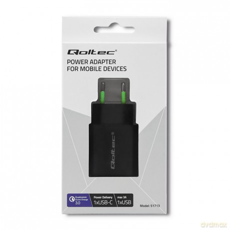 Ładowarka sieciowa | 18W | 5-12V | 1.5-3A | USB typ C PD | USB QC 3.0 | Czarna