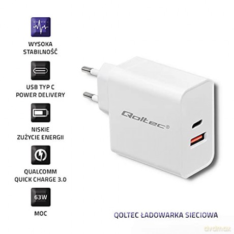 Ładowarka sieciowa | 63W | 5-20V | 1.5-3A | USB typ C PD | USB QC 3.0 | Biała