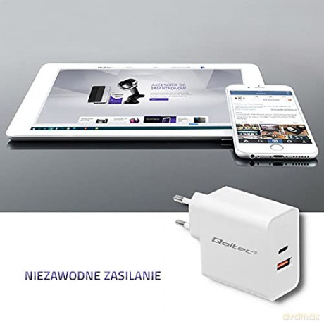 Ładowarka sieciowa | 63W | 5-20V | 1.5-3A | USB typ C PD | USB QC 3.0 | Biała