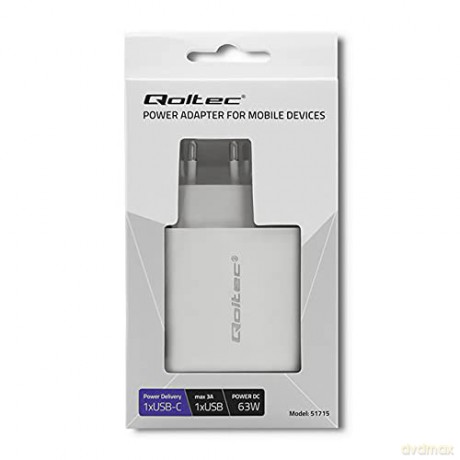 Ładowarka sieciowa | 63W | 5-20V | 1.5-3A | USB typ C PD | USB QC 3.0 | Biała