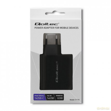 Ładowarka sieciowa | 63W | 5-20V | 1.5-3A | USB typ C PD | USB QC 3.0 | Czarna