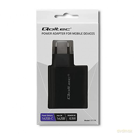 Ładowarka sieciowa | 63W | 5-20V | 1.5-3A | USB typ C PD | USB QC 3.0 | Czarna
