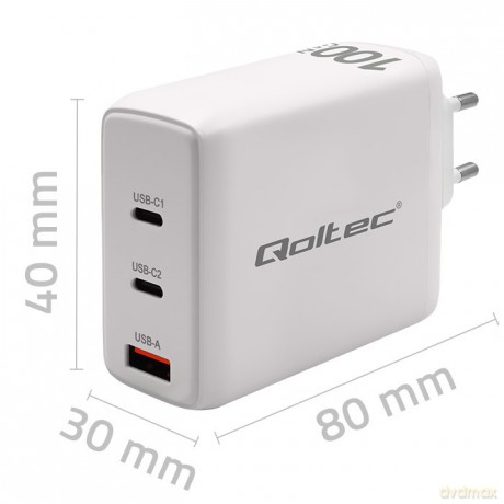 Ładowarka sieciowa 100W GaN | 5-20V | 1.5-3A | 2xUSB-C PD | 1xUSBQC 3.0 | Biała