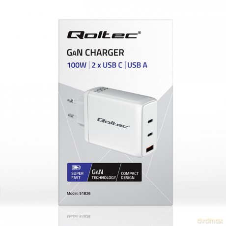 Ładowarka sieciowa 100W GaN | 5-20V | 1.5-3A | 2xUSB-C PD | 1xUSBQC 3.0 | Biała