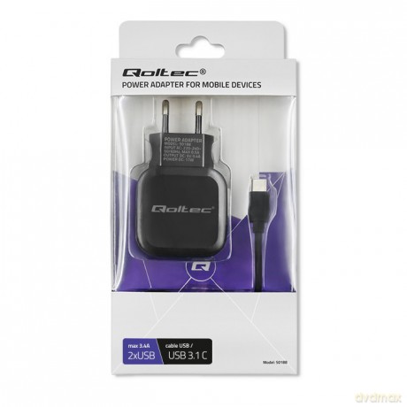 Ładowarka sieciowa 17W | 5V | 3.4A | 2xUSB + kabel USB typC