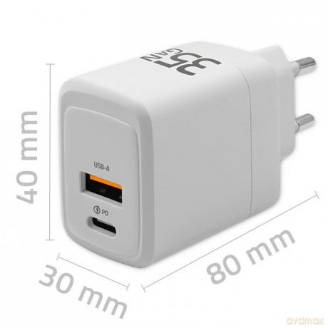 Ładowarka sieciowa 35W GaN | 5-20V | 1.5-3A | 1xUSB-C PD | 1xUSB QC 3.0 | Biała