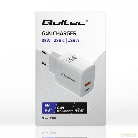 Ładowarka sieciowa 35W GaN | 5-20V | 1.5-3A | 1xUSB-C PD | 1xUSB QC 3.0 | Biała