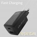 Ładowarka sieciowa 65W GaN ULTRA | 5-20V | 2.25-3.25A | 1 x USB typ C PD | 1 x USB | Czarna