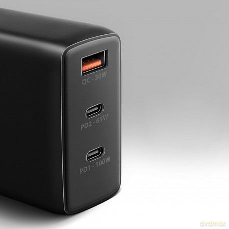 Ładowarka sieciowa ACU-DPQ100 GaN 100W, 3x port (USB-A + dual USB-C) PD3.0/QC4+/PPS/Apple Czarna